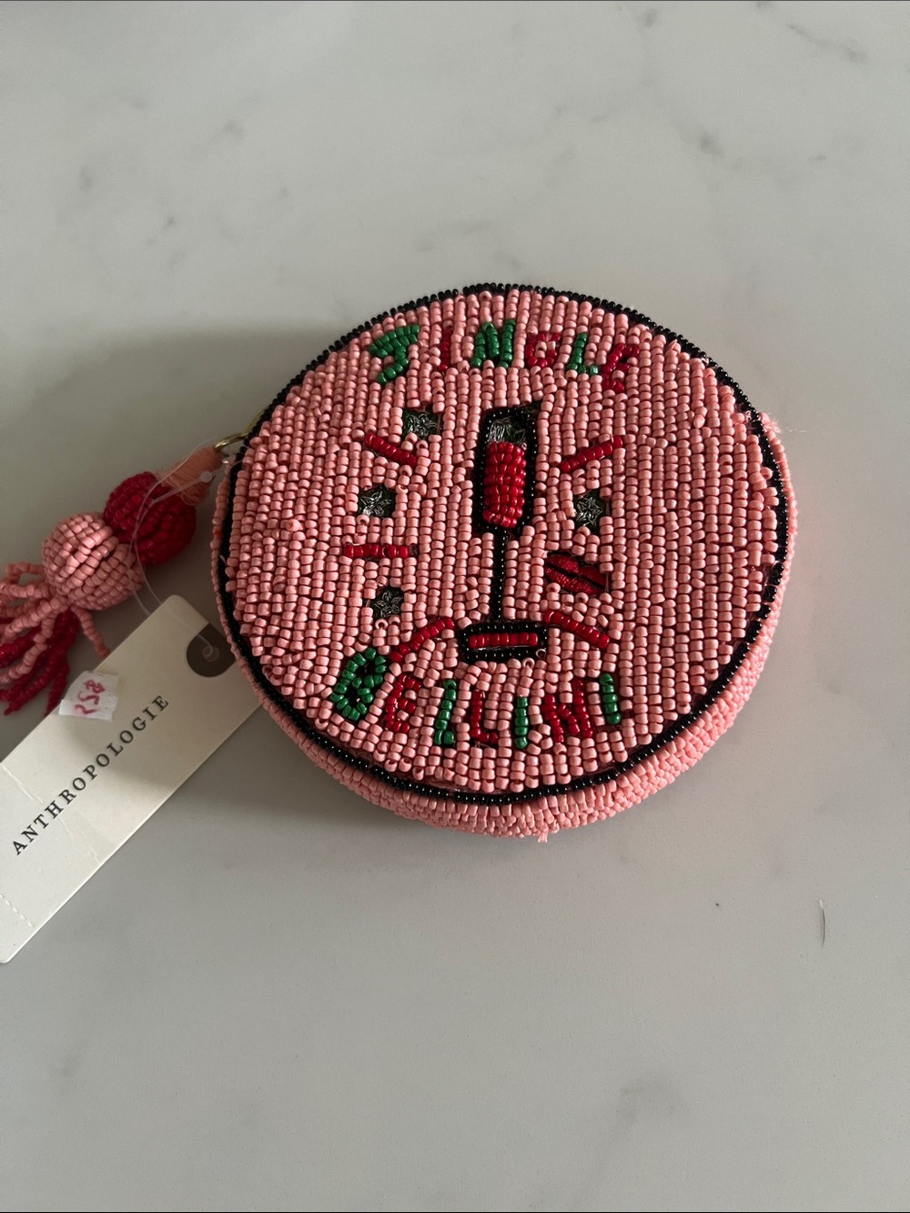 Anthropologie Pink Beaded Round Coin Pouch